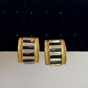 Vintage Art-Deco Like Black and Gold, with Rhinestone Clip Earrings